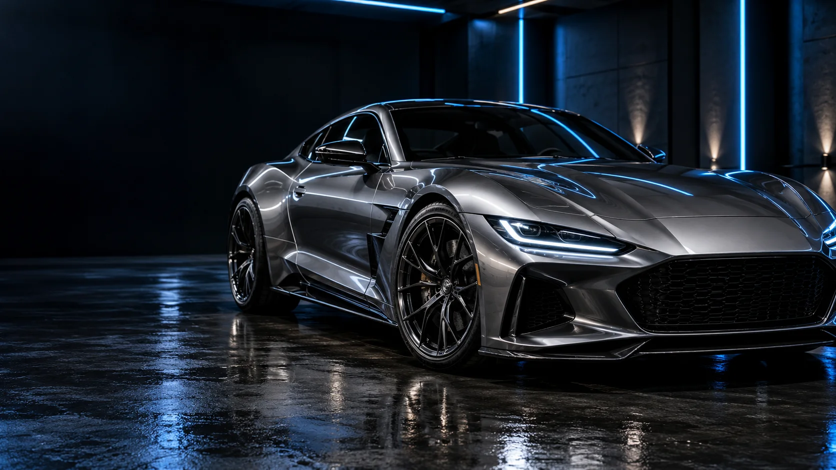 AI-generated illustration of an unbranded graphite sports coupe under blue studio lighting